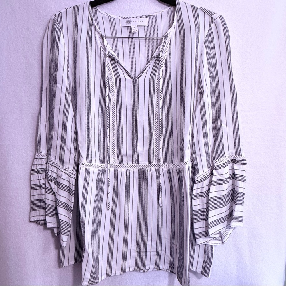 Fever Black and White Striped Blouse Bohemian Dressy Flare Sleeve Fancy V-neck